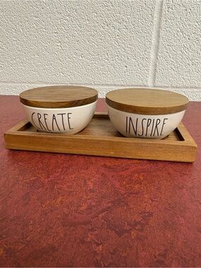 Rae Dunn White Ceramic 'Create' & 'Inspire' Bowls with Brown Wood Lids and Tray